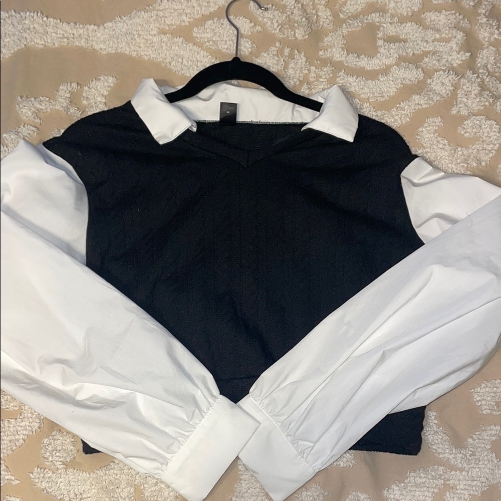 Chic Black and White Collared Blouse